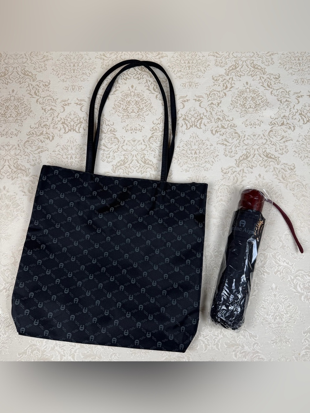 Etienne Aigner Black Logo Tote with Matching Umbrella